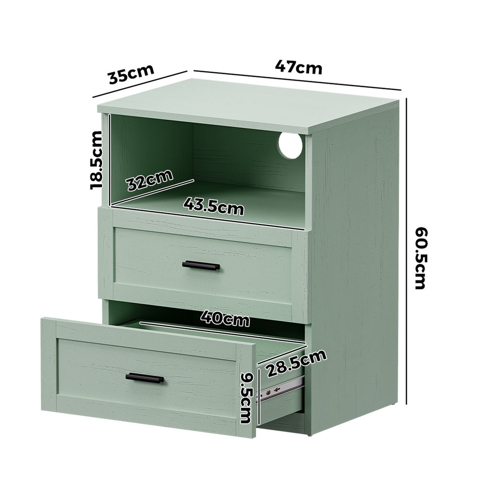Bedside Table 2 Drawers Open Shelf Nightstand Cabinet Green
