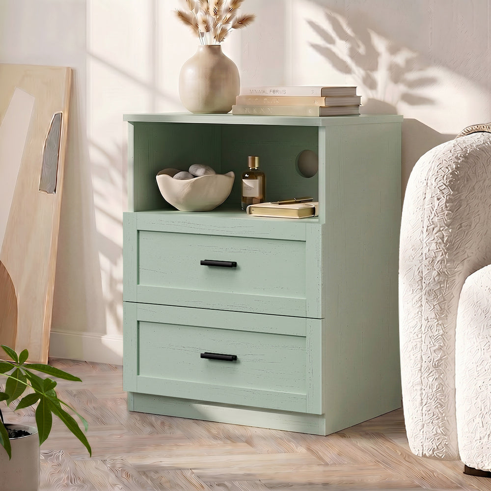Bedside Table 2 Drawers Open Shelf Nightstand Cabinet Green