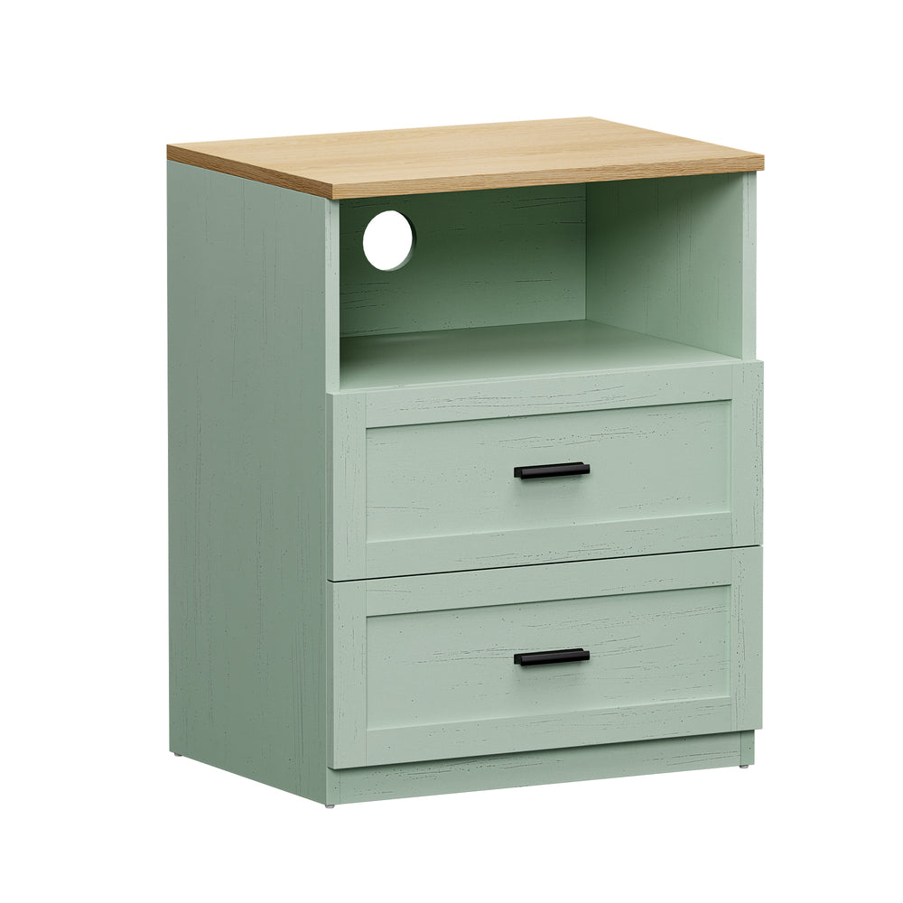 2pc Bedside Table 2 Drawers Shelf Nightstand Natural&Green