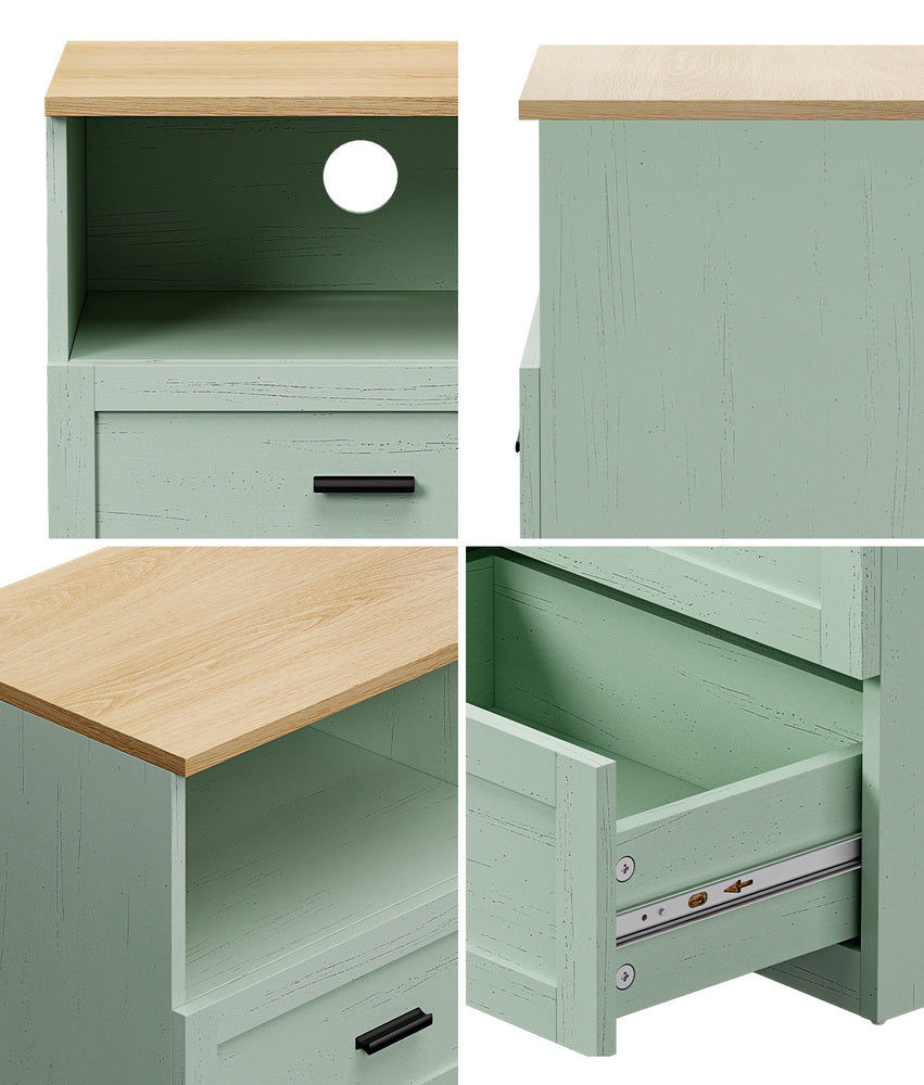 2pc Bedside Table 2 Drawers Shelf Nightstand Natural&Green
