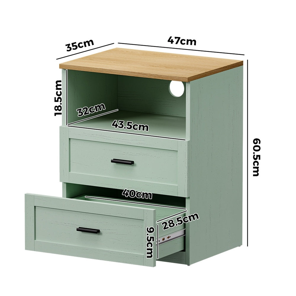 2pc Bedside Table 2 Drawers Shelf Nightstand Natural&Green