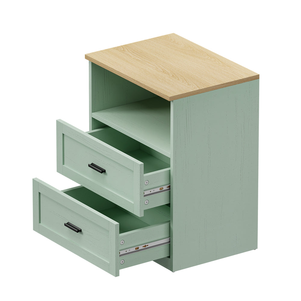 2pc Bedside Table 2 Drawers Shelf Nightstand Natural&Green