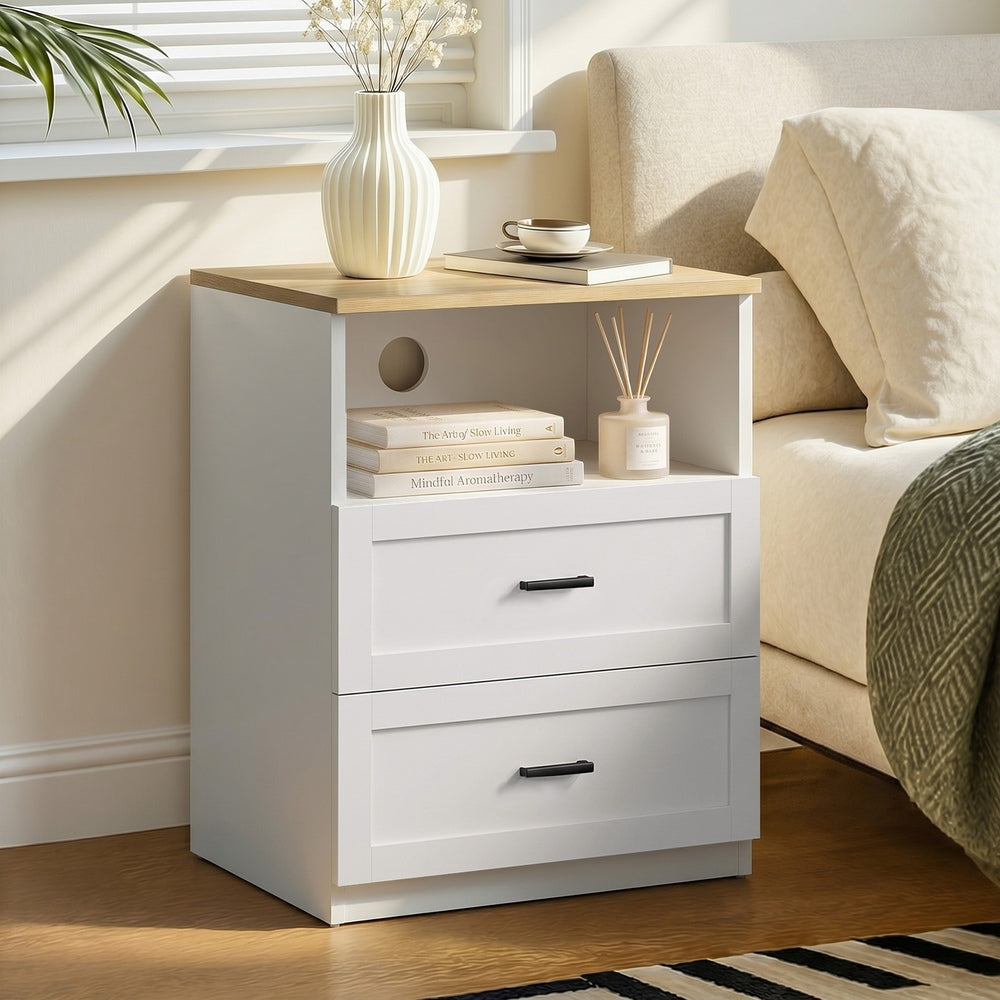 2pc Bedside Table 2 Drawers Shelf Nightstand Natural&White