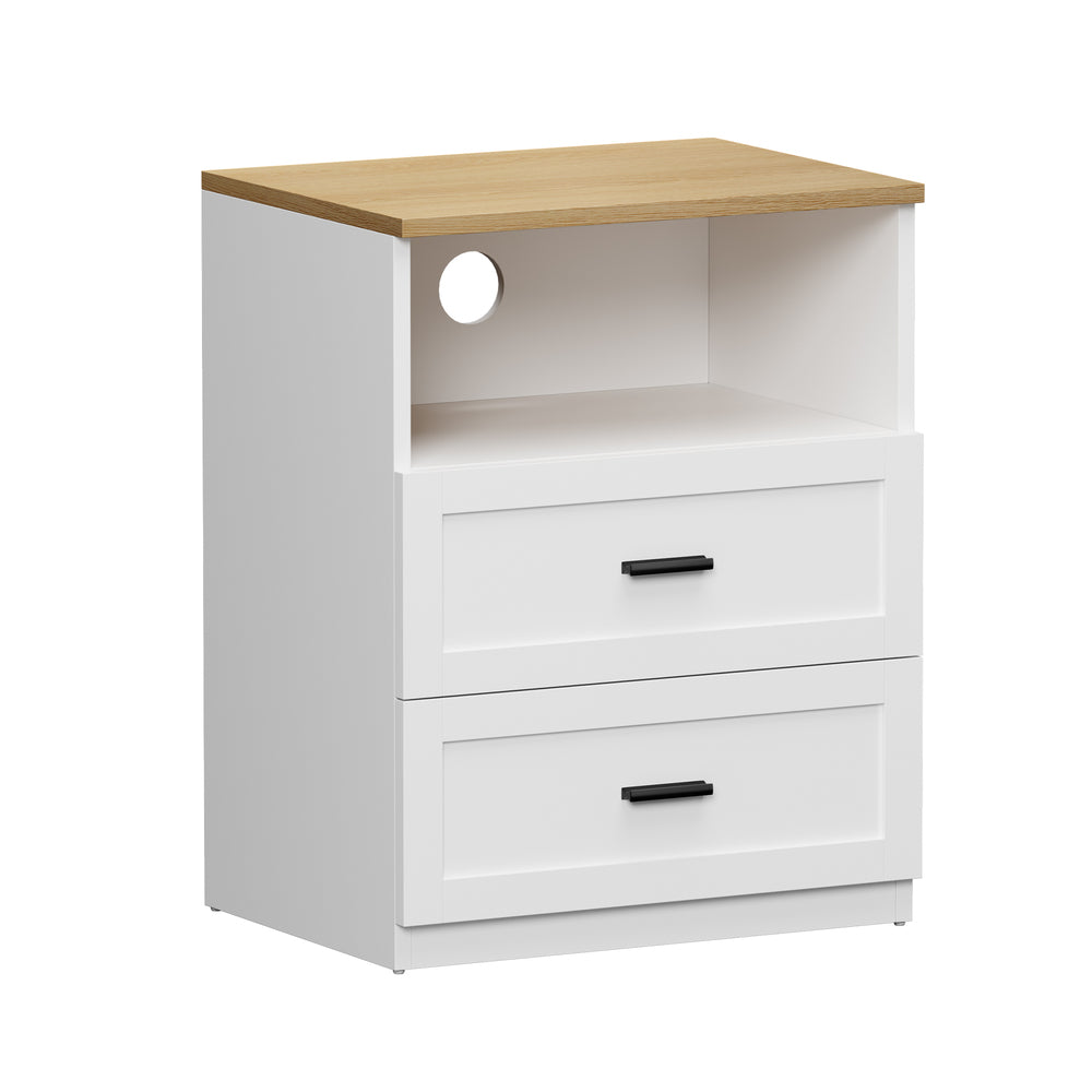 Bedside Table 2 Drawers Open Shelf Nightstand Natural&White