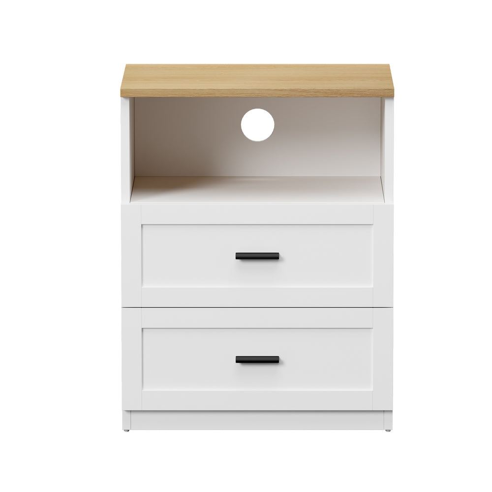 Bedside Table 2 Drawers Open Shelf Nightstand Natural&White
