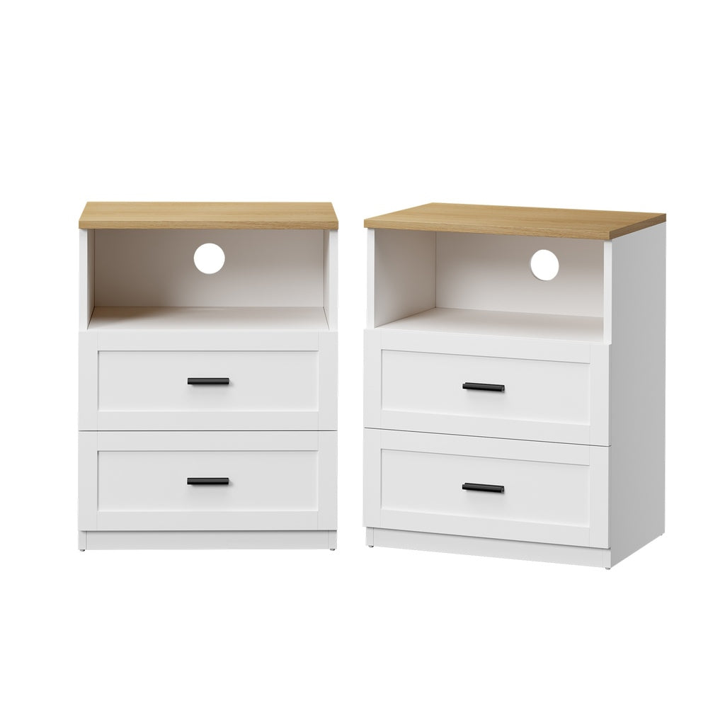 2pc Bedside Table 2 Drawers Shelf Nightstand Natural&White