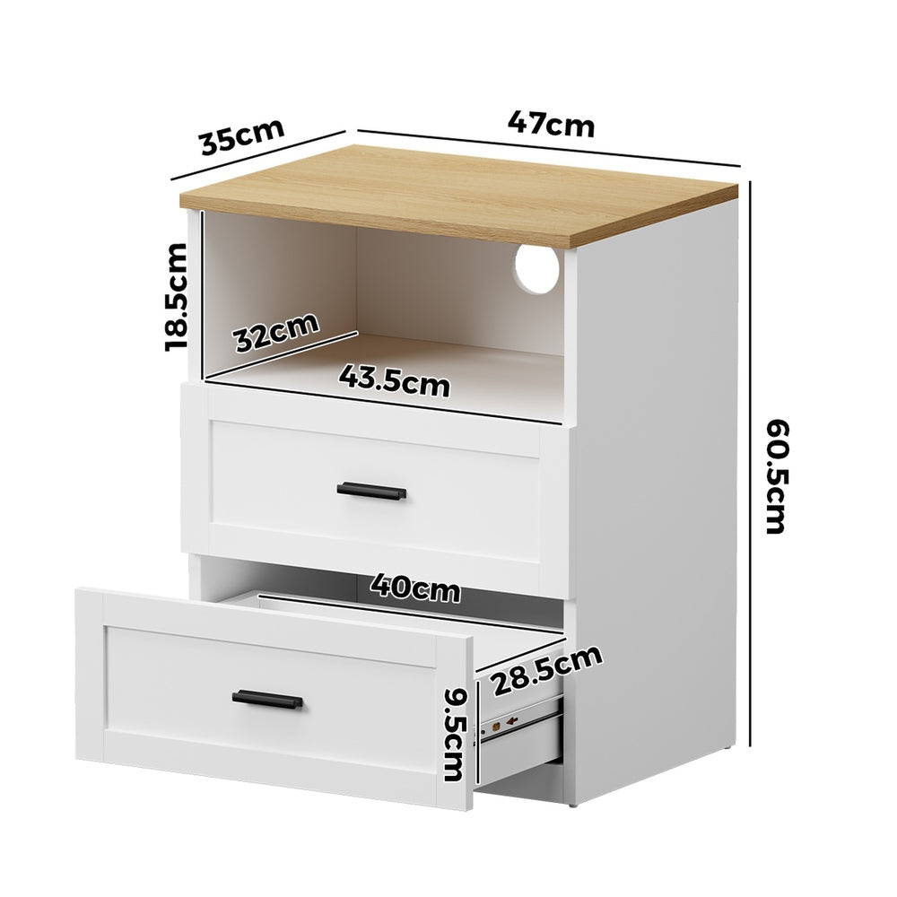 Bedside Table 2 Drawers Open Shelf Nightstand Natural&White