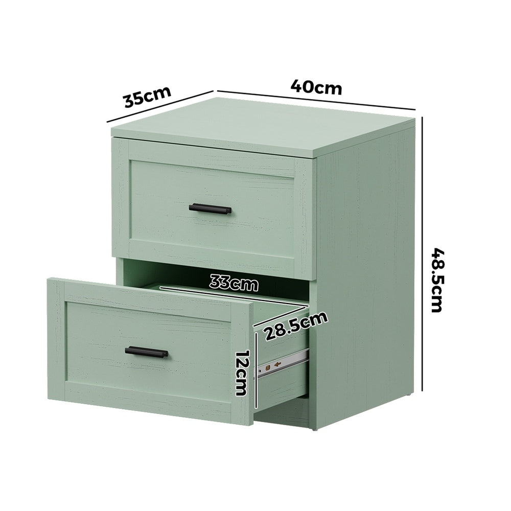 Oikiture 2× Bedside Tables – Green, 2‑Drawer Nightstands, Classic Design