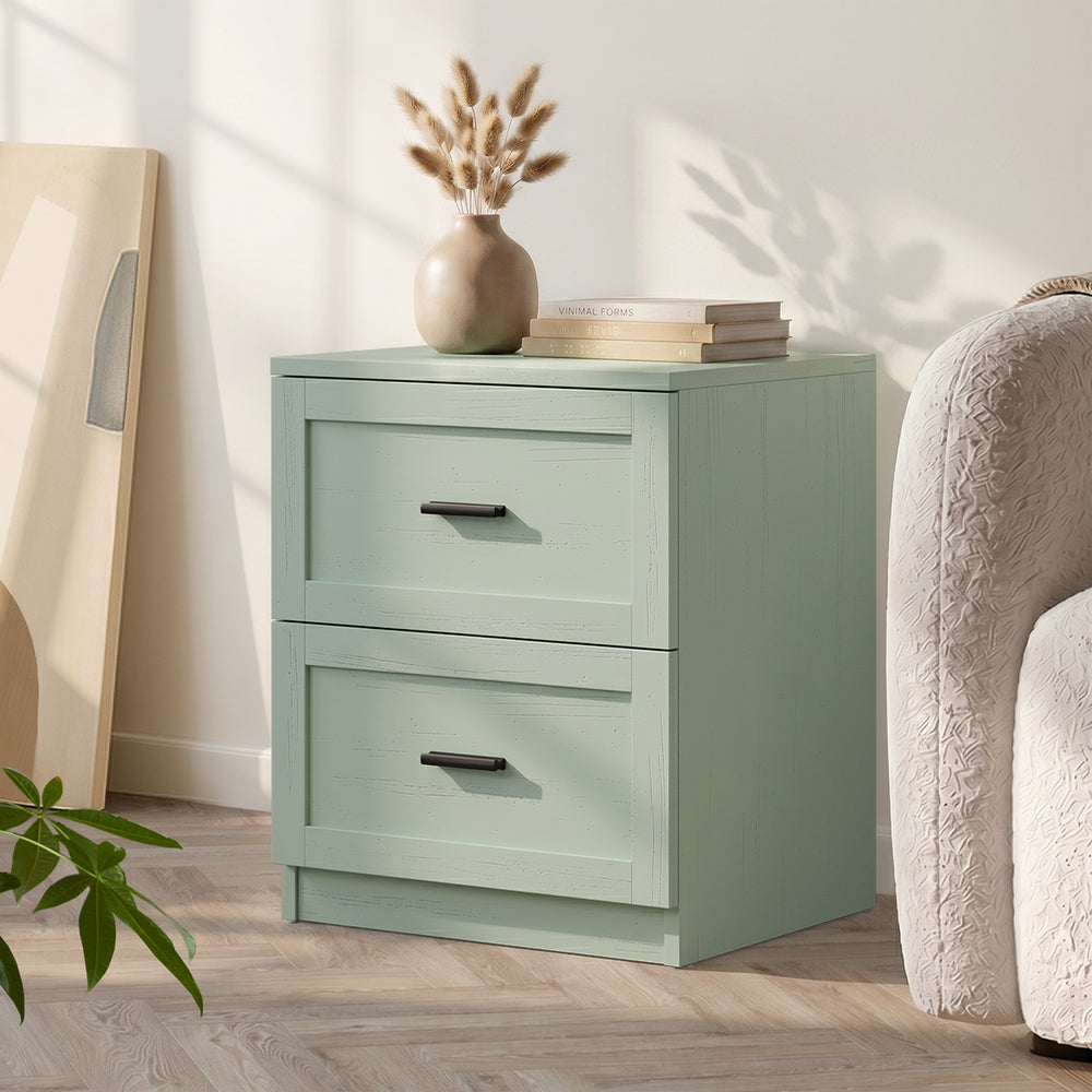 Oikiture 2× Bedside Tables – Green, 2‑Drawer Nightstands, Classic Design