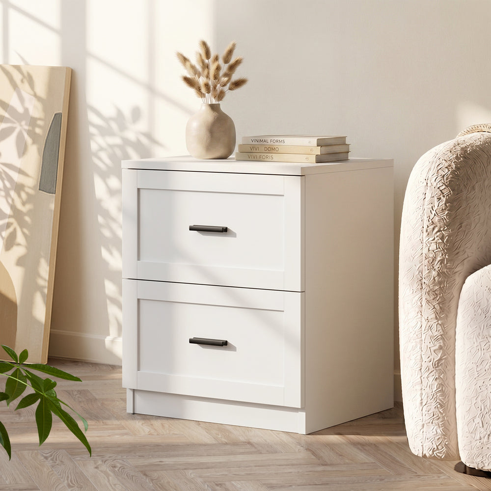 Oikiture Bedside Table – White, 2‑Drawer Nightstand, Classic Design