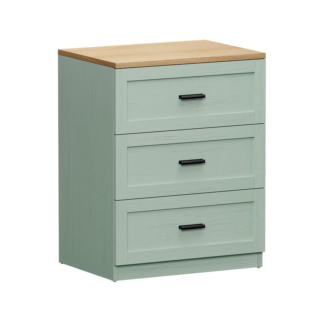 Bedside Table – 3 Drawers, Green & Natural, Smooth Runners