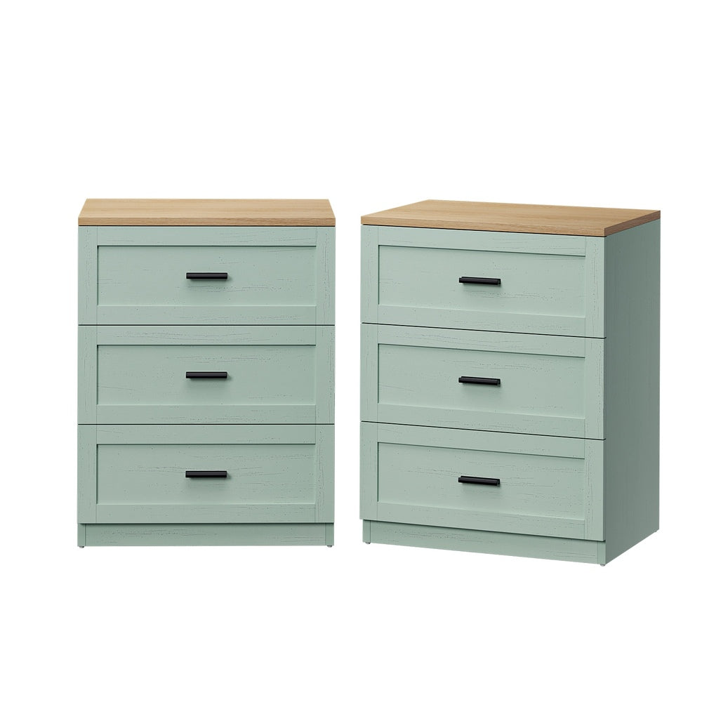 2‑Pack Bedside Tables – 3 Drawers, Green & Natural, Smooth Runners