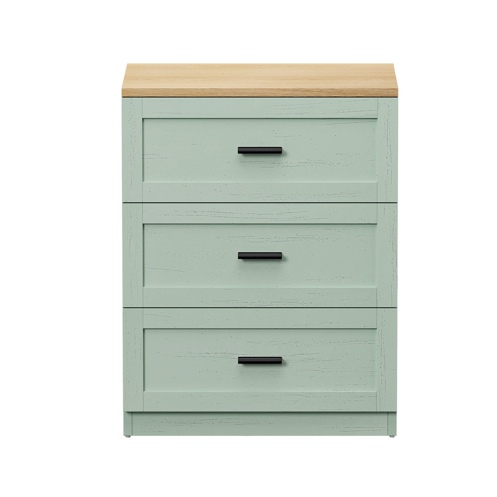 Bedside Table – 3 Drawers, Green & Natural, Smooth Runners