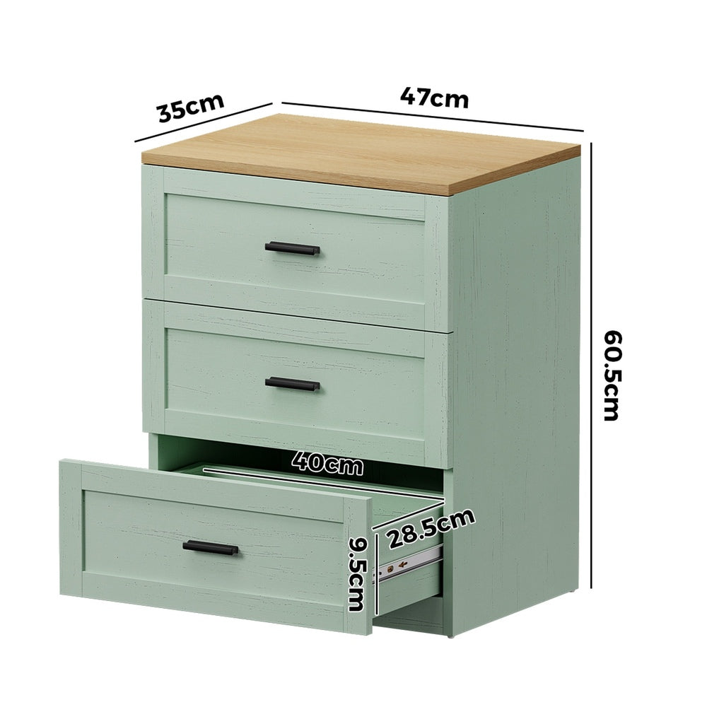 Bedside Table – 3 Drawers, Green & Natural, Smooth Runners