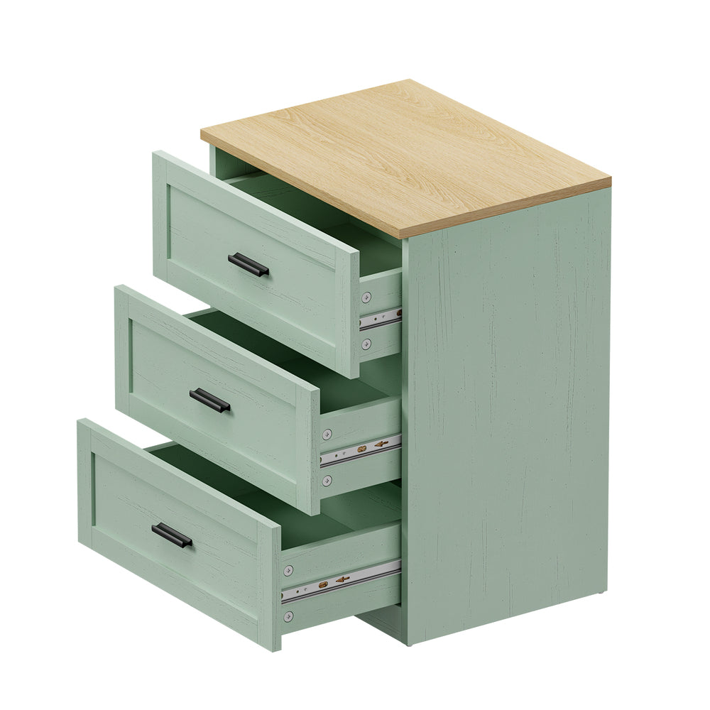 2‑Pack Bedside Tables – 3 Drawers, Green & Natural, Smooth Runners