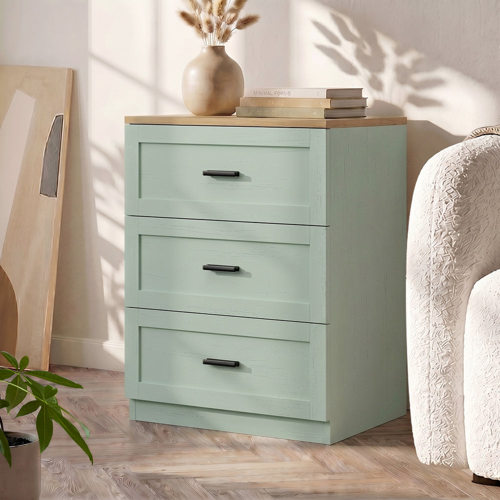 Bedside Table – 3 Drawers, Green & Natural, Smooth Runners