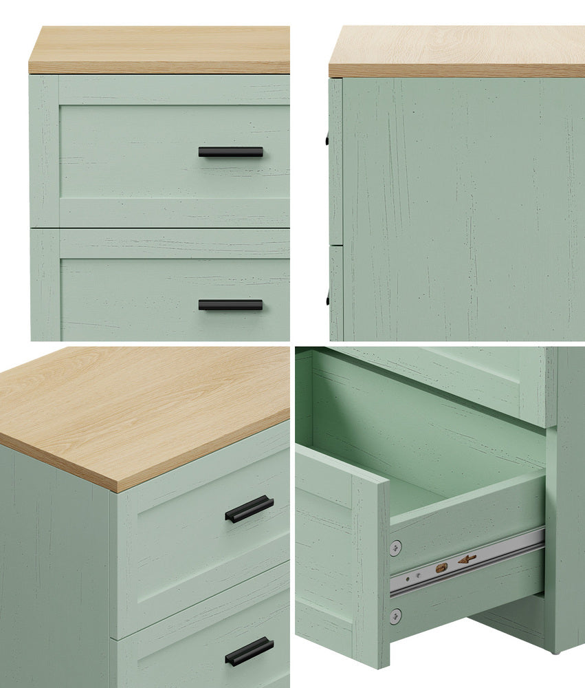 2‑Pack Bedside Tables – 3 Drawers, Green & Natural, Smooth Runners