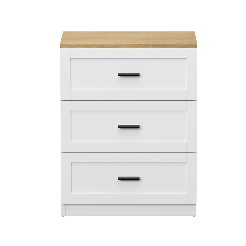 3‑Drawer Bedside Table – White & Natural, Smooth Runners, Alloy Handles