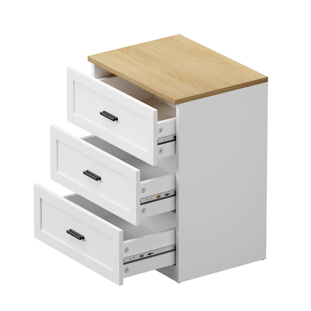 2‑Pack Bedside Tables – 3 Drawers, White & Natural, Smooth Runners