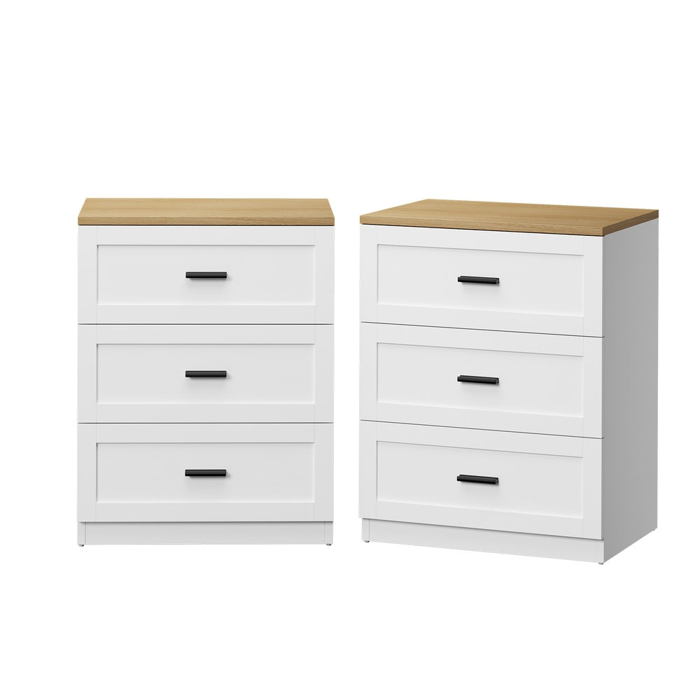 2‑Pack Bedside Tables – 3 Drawers, White & Natural, Smooth Runners