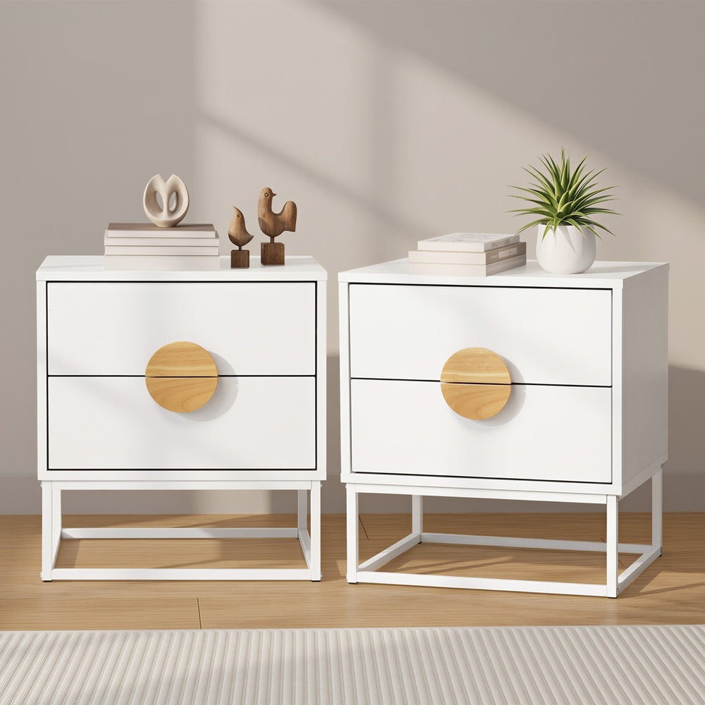 Oikiture 2x Bedside Table 2 Drawers Steel Legs White