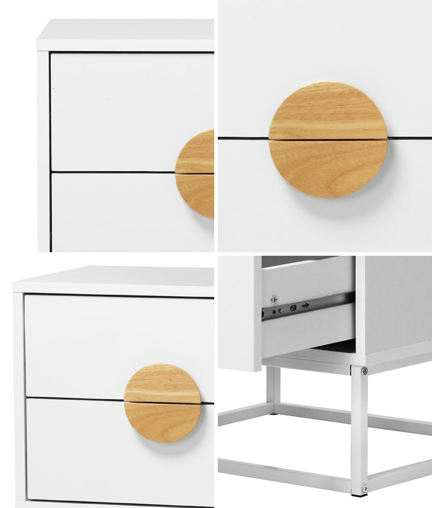 Oikiture Bedside Table 2 Drawers Steel Legs White