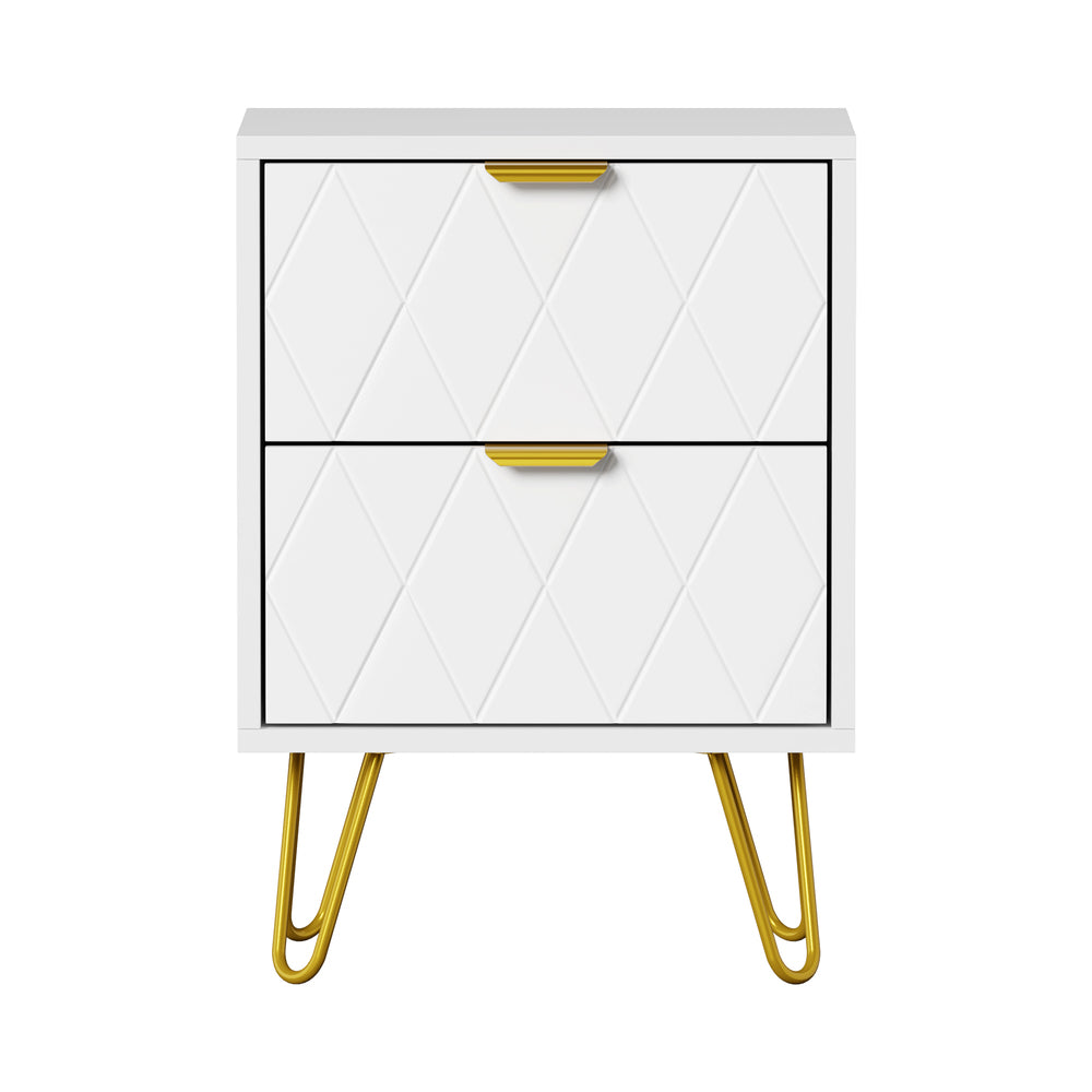 Bedside Table 2 Drawers Gold Metal Nightstand White