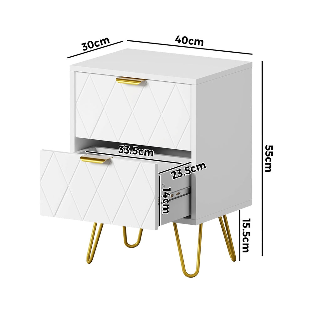 Bedside Table 2 Drawers Gold Metal Nightstand White