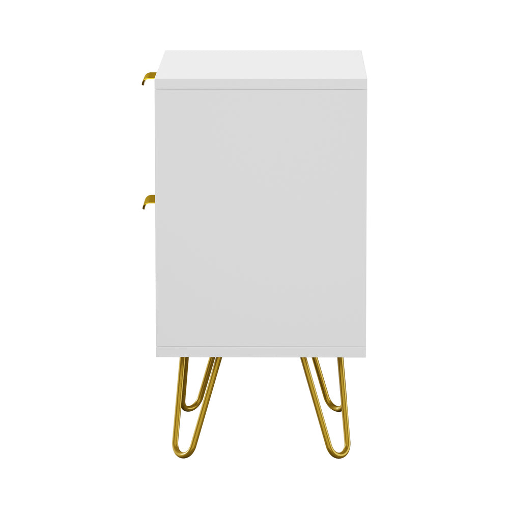 Bedside Table 2 Drawers Gold Metal Nightstand White