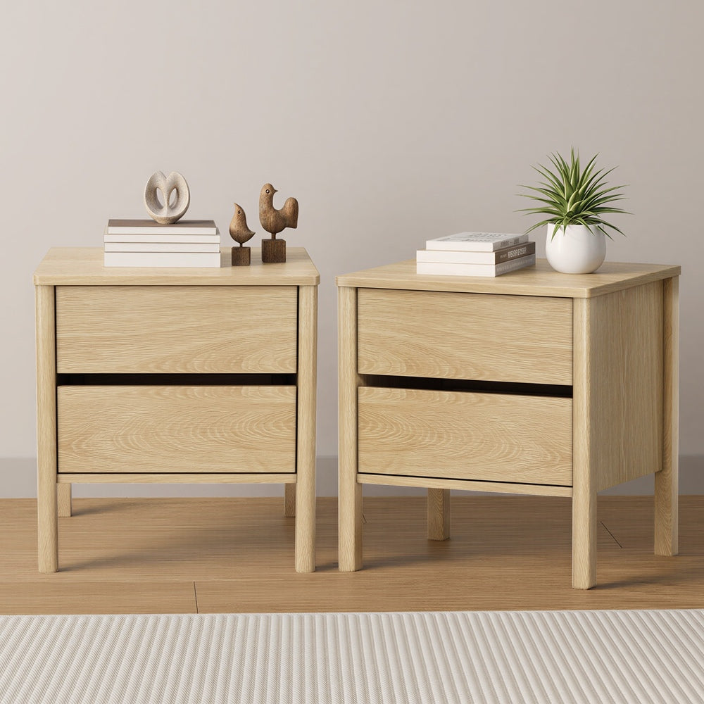 2x Bedside Tables, 2 Drawer Handle-Free Nightstand Cabinet, Natural Colour