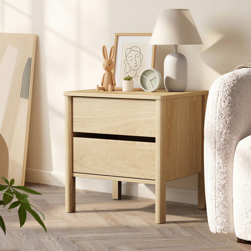 2x Bedside Tables, 2 Drawer Handle-Free Nightstand Cabinet, Natural Colour