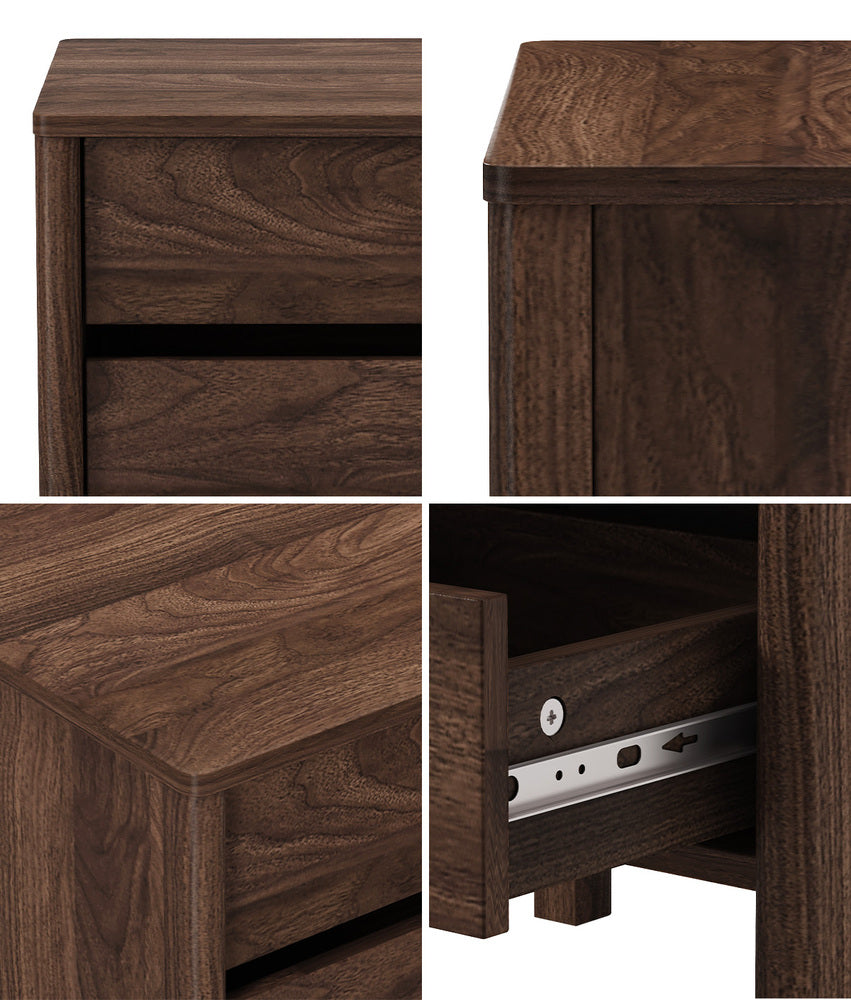 Oikiture Bedside Table 2 Drawers Nightstand Handle-free Walnut