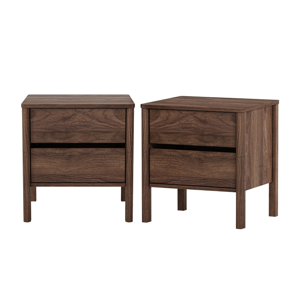 Oikiture 2x Bedside Tables 2 Drawers Nightstand Handle-free Walnut