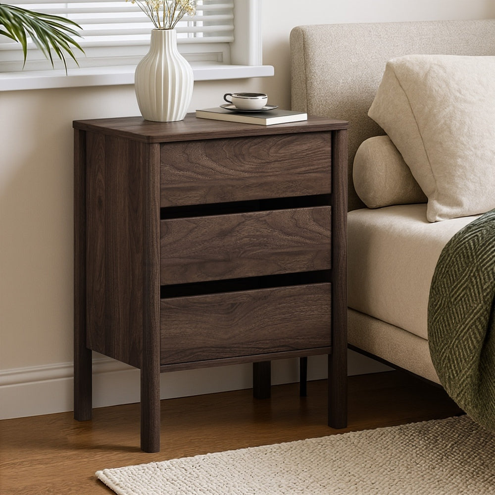 Bedside Table, 3 Drawer Handle-Free Nightstand Cabinet, Walnut Colour Set