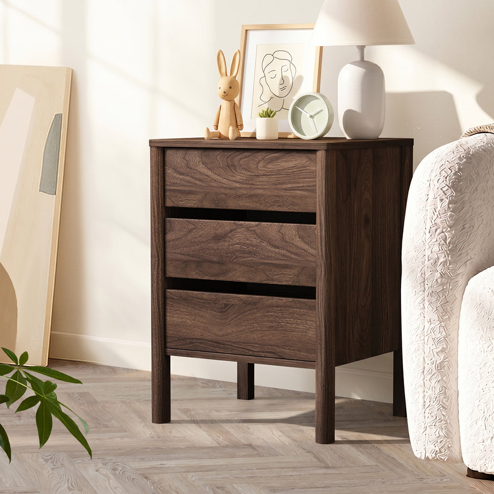 Oikiture Bedside Table 3 Drawers Nightstand Handle-free Walnut