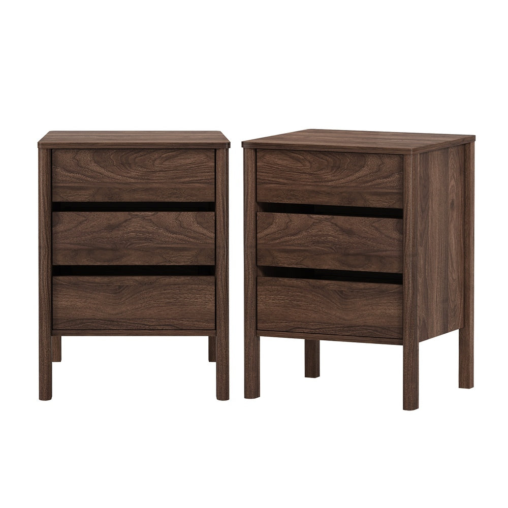 Oikiture 2x Bedside Tables 3 Drawers Nightstand Handle-free Walnut