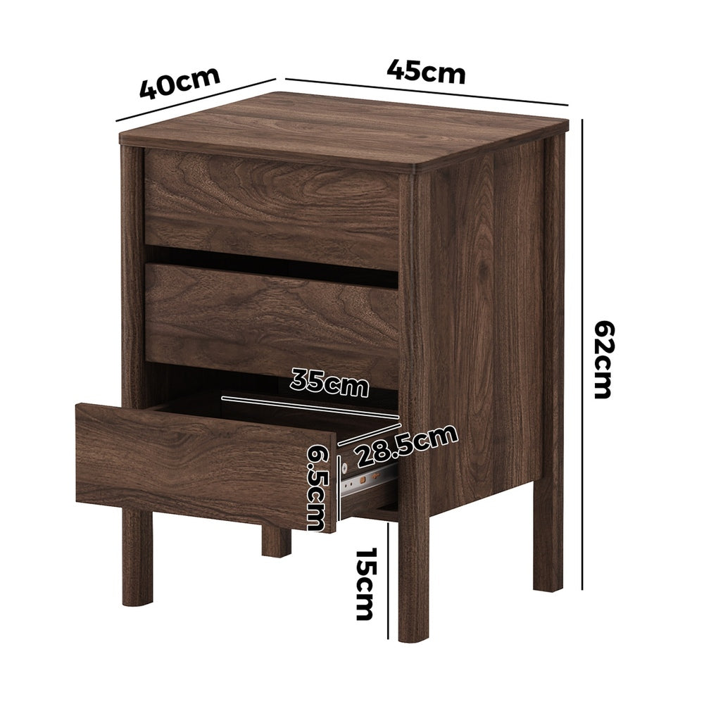 Oikiture 2x Bedside Tables 3 Drawers Nightstand Handle-free Walnut