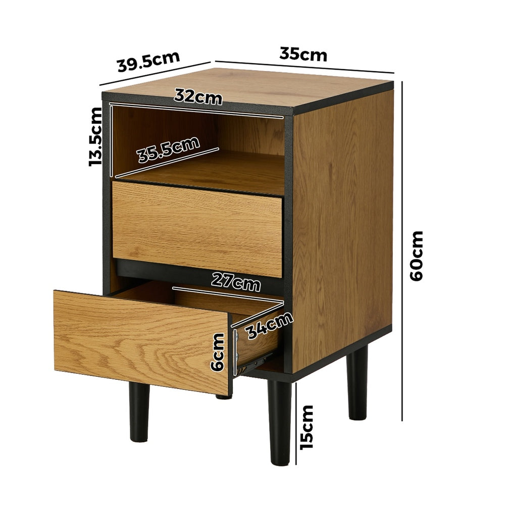 Oikiture Bedside Table 2 Drawers Shelf Nightstand Natural