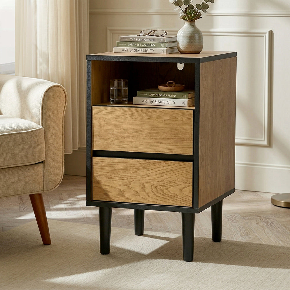 Oikiture Bedside Table 2 Drawers Shelf Nightstand Natural