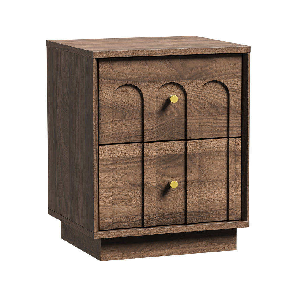 Oikiture Bedside Table 2 Drawer Side Cabinet Metal Handle Walnut
