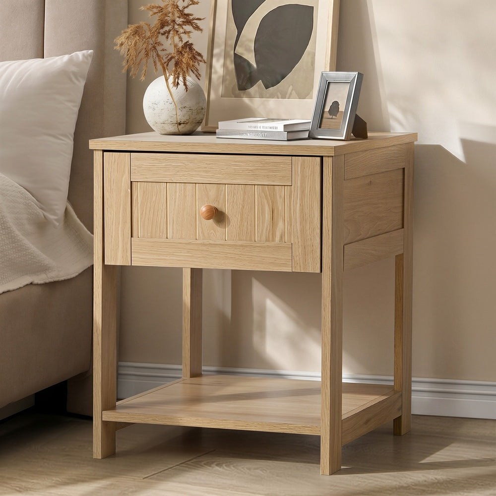 Bedside Table 1 Drawer Storage Shelf Nightstand Natural