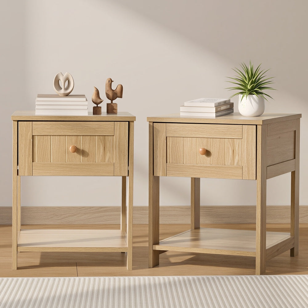2pc Bedside Table 1 Drawer Storage Shelf Nightstand Natural