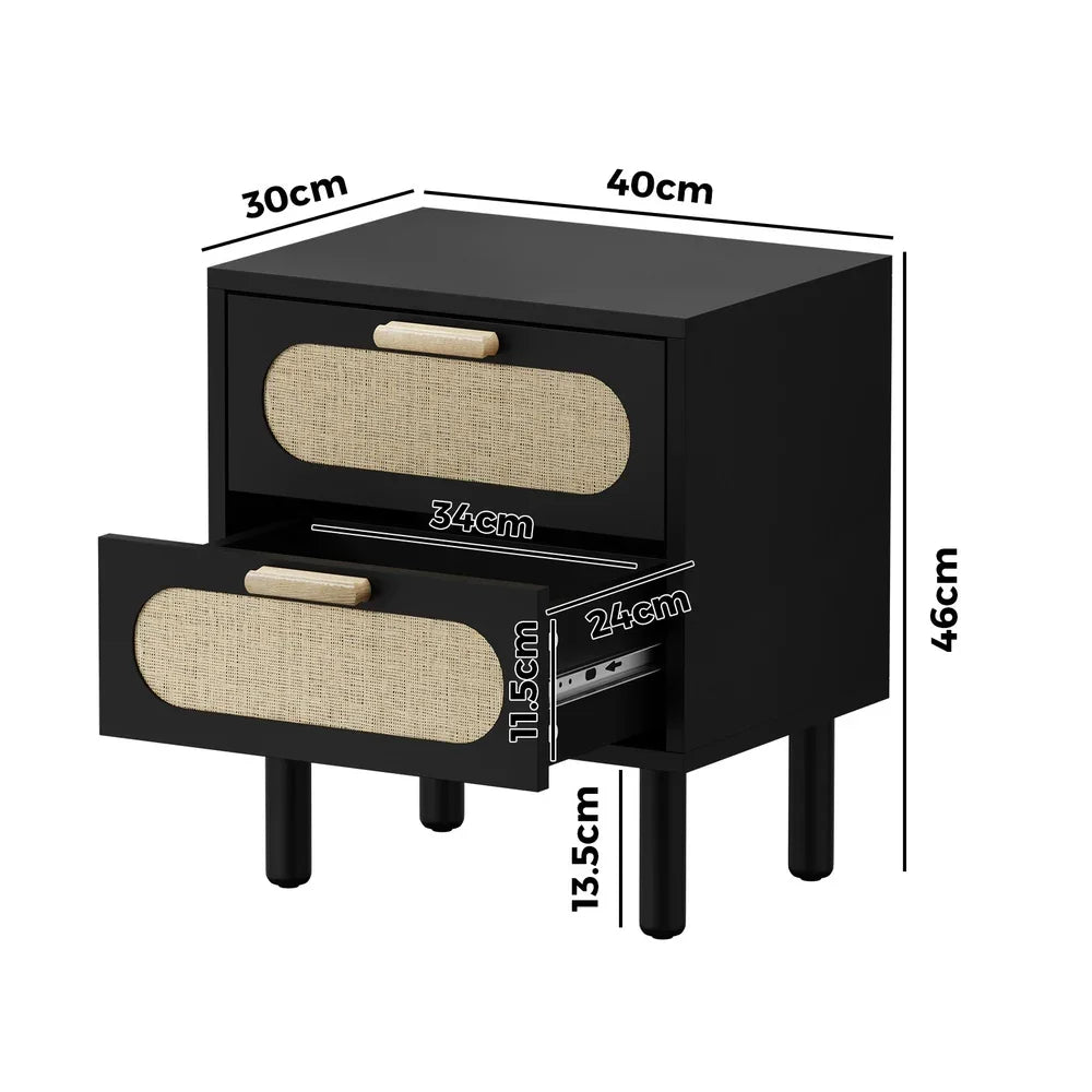 Bedside Table 2 Drawers Rattan Black
