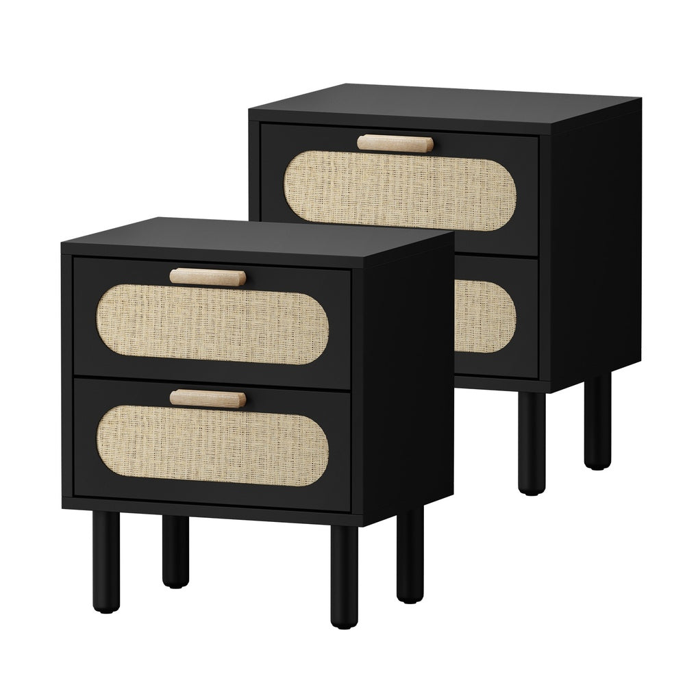2x Bedside Table 2 Drawers Rattan Black