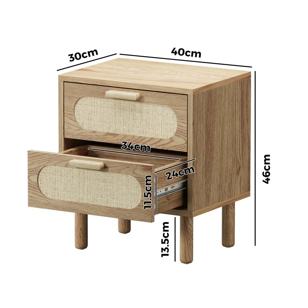 2x Bedside Table 2 Drawers Rattan Natural