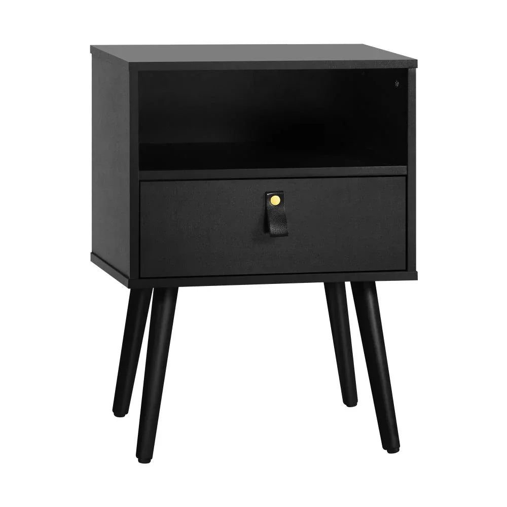 Oikiture 2X Bedside Tables with Leather Handle Black