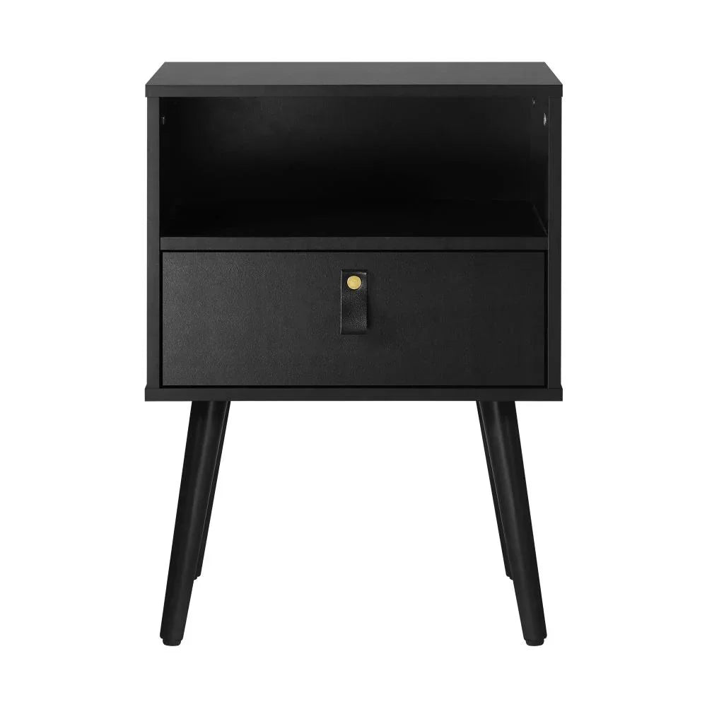 Oikiture 2X Bedside Tables with Leather Handle Black