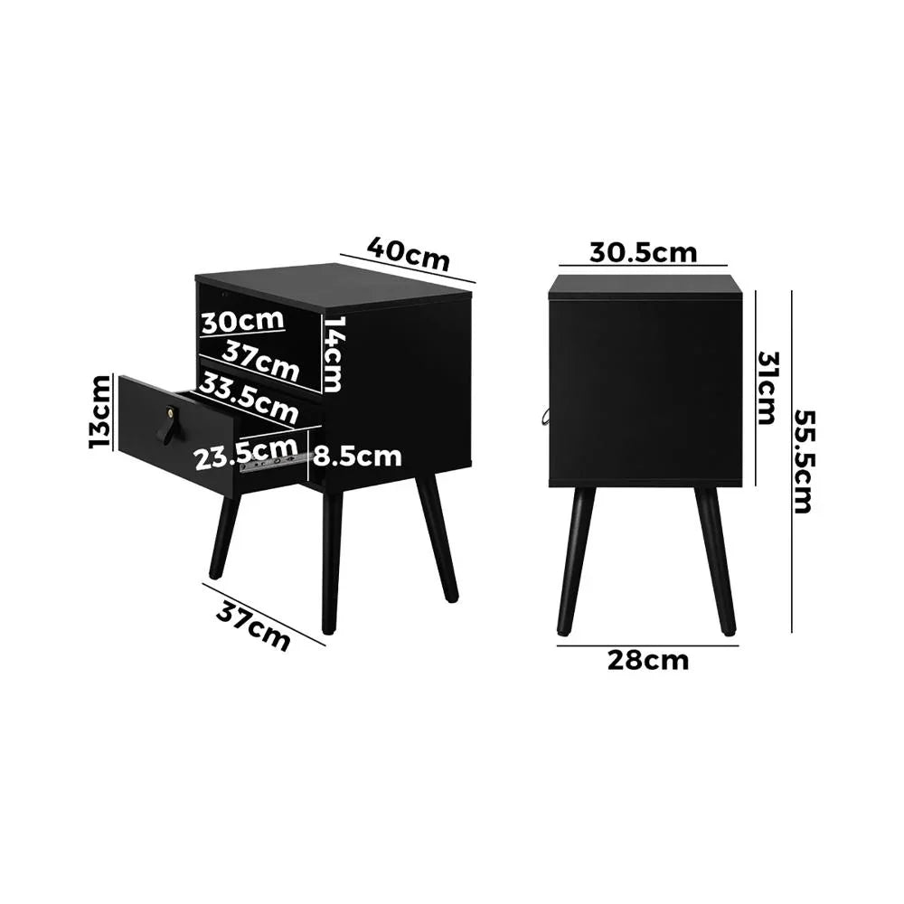 Oikiture 2X Bedside Tables with Leather Handle Black