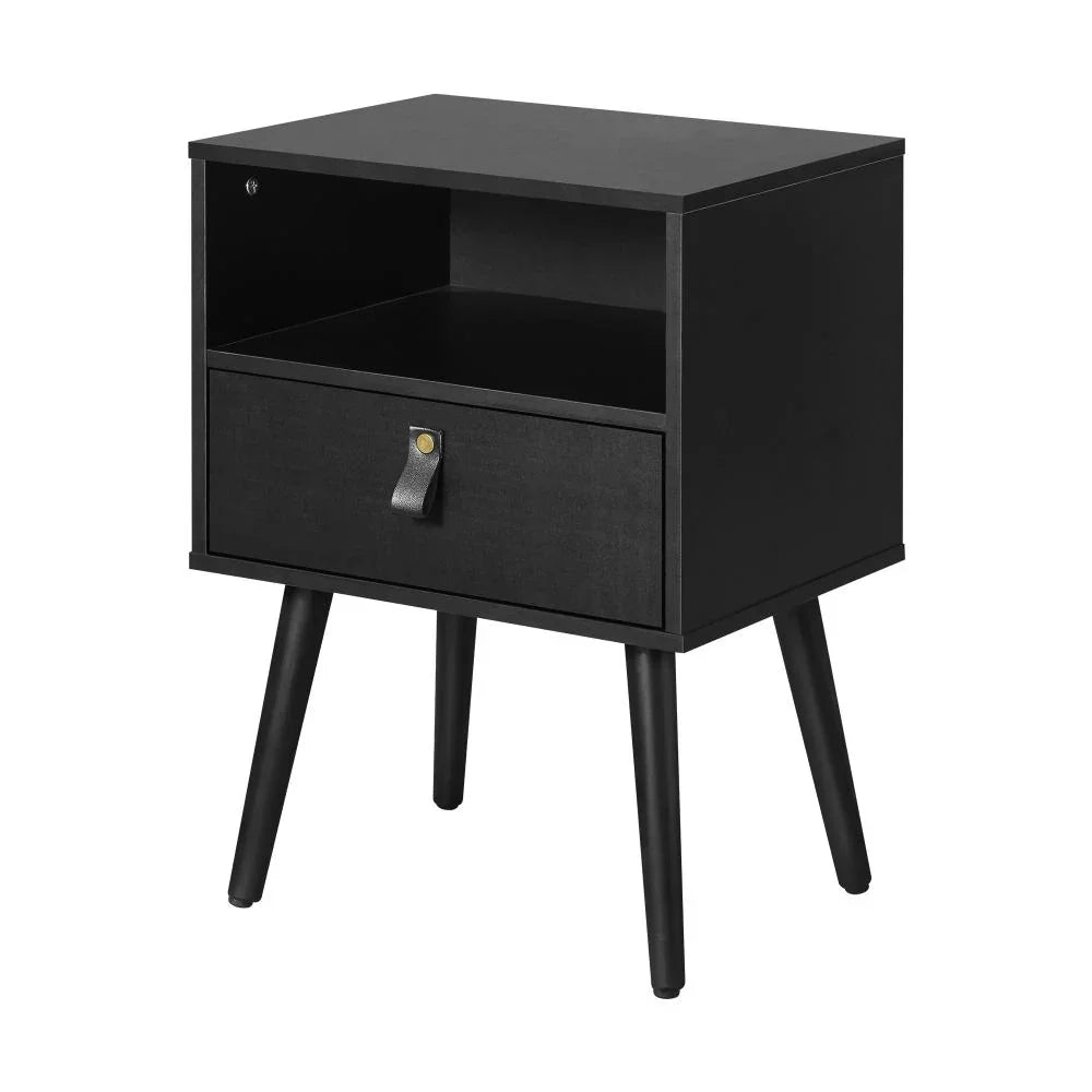 2X Bedside Tables with Leather Handle Black