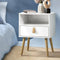Wooden Bedside Table White with Drawer Open Shelf Leather Handle